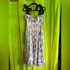 NWT Urban Outfitters Blue Floral Vintage Bow Dress Pockets Medium Button Up